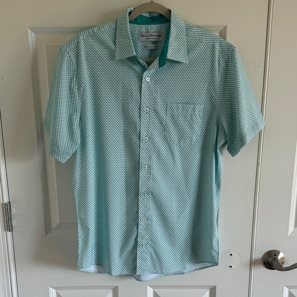 Nick Grahm Stretch Modern Fit Mint Green Short-Sleeve Button-Up Shirt Medium